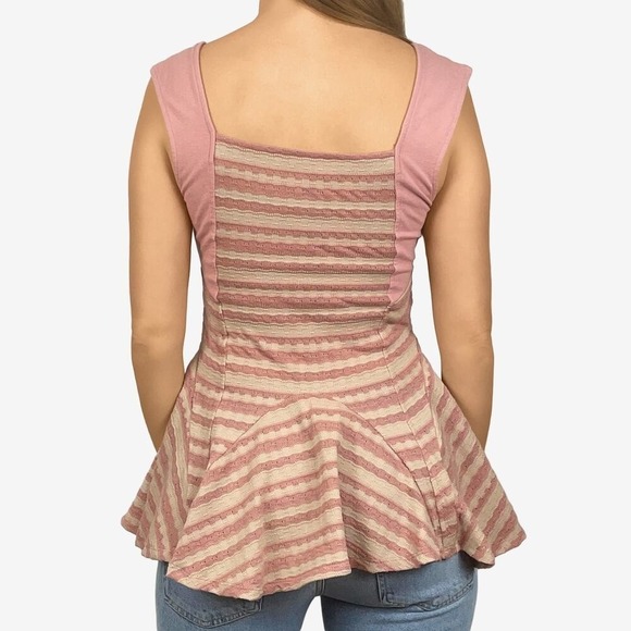 Free People Striped Peplum Top Size S Pink Cream Casual Soft Girl Romantic Retro - Picture 2 of 10